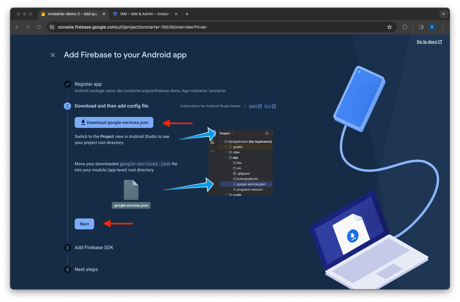 Register Android app in Firebase project (Download config file)